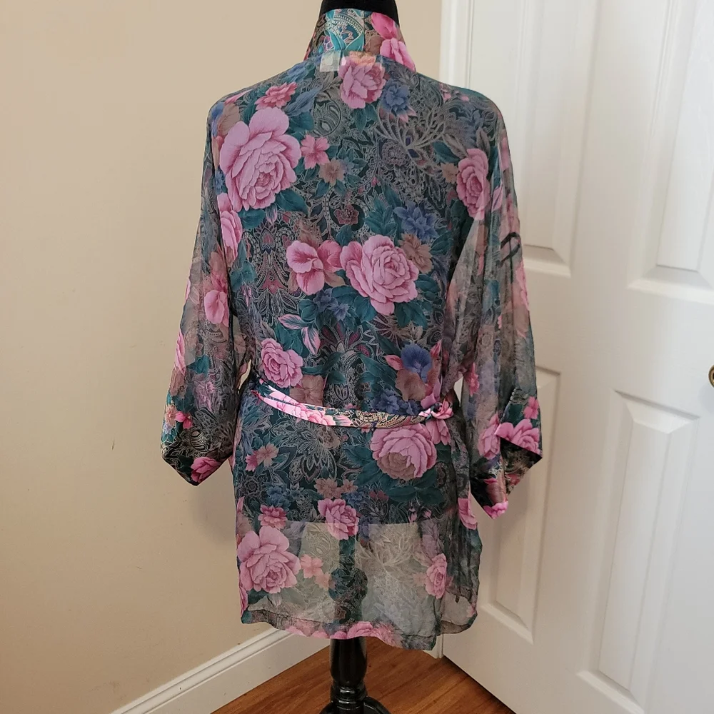 Victoria's Secret Gold Label Vintage Sheer and Satin Green Pink Floral Robe OS